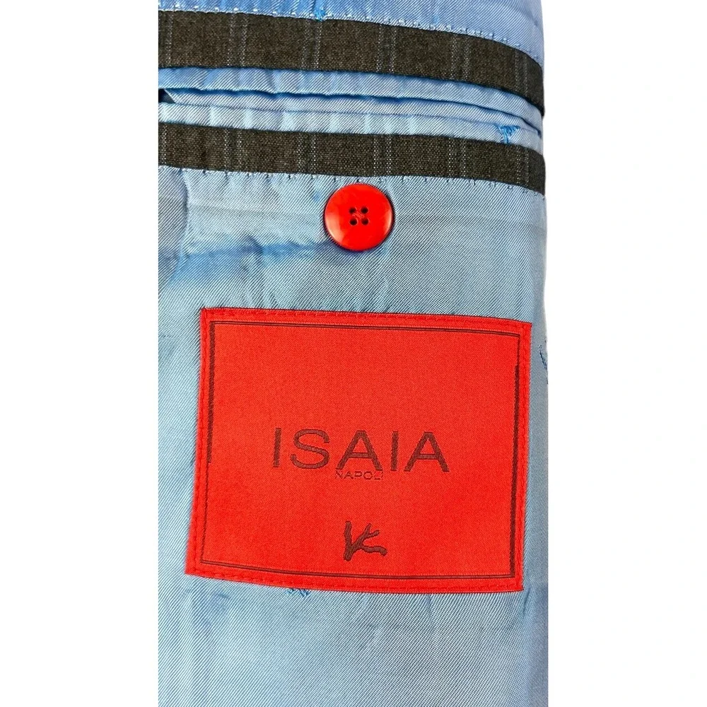 Isaia Napoli Gray Blue Striped Super 170s Sciammeria Wool Blazer Size 44R